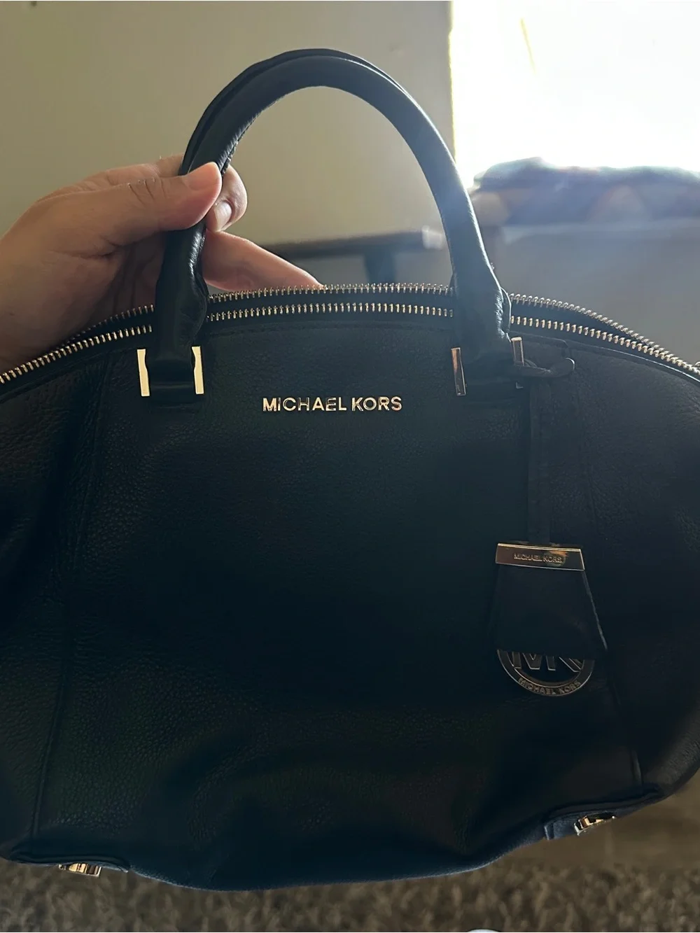 Michael Kors Black Leather Dome Satchel with Gold Hardware